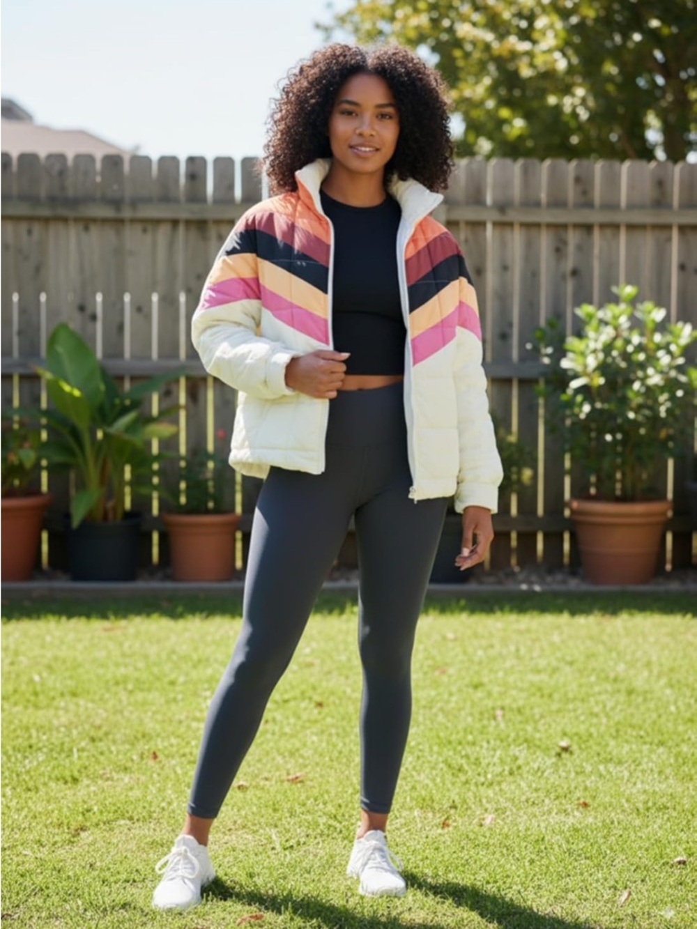 Cream Chevron Colorblock Puffer Jacket - Picture 3 of 3